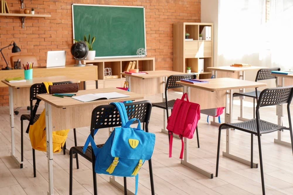 Interior,Of,Stylish,Empty,Classroom,With,Backpacks,And,Stationery